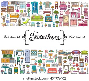 Vector set with hand drawn colored doodles on the  theme of furniture. Flat illustrations of objects for decoration and interior. Sketches for use in design