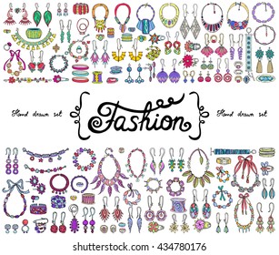 Vector set with hand drawn colored doodles on the  theme of fashion, accessories. Flat illustrations of jewelry. Sketches for use in design