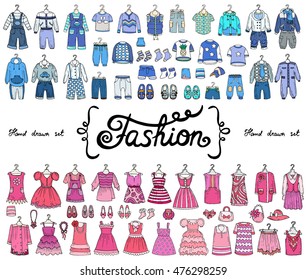 Vector set with hand drawn colored doodles on the theme of fashion. Illustrations of fashionable clothes for boys and girls. Sketches for use in design