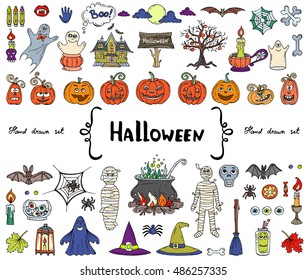 Vector set with hand drawn colored doodles on the theme of Halloween. Symbols of holiday. Sketches for use in design