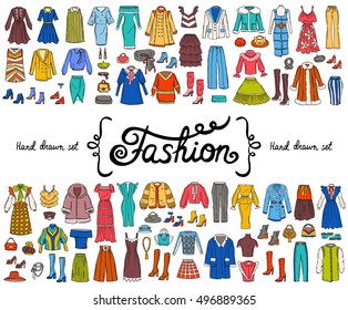 Vector set with hand drawn colored doodles on the theme of fashion. Flat illustrations of women's fashionable clothes. Sketches for use in design