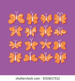 Vector set of hand drawn colorful butterflies isolated on background. Pretty vector butterfly set with spring flower for your design.