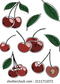 Vector set of hand drawn colorful cherries isolated on white background