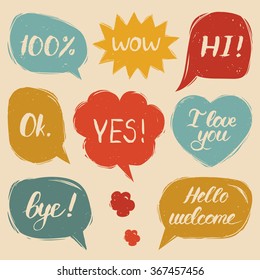 Vector set of hand drawn colorful comic speech bubbles with phrases Hi, Hello, I love you, Yes, Wow, Bye, Welcome, 100%, Ok.