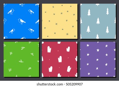 Vector set of hand drawn colorful seamless Christmas patterns. Use as background, wallpaper, decor, paper wrapping. Doodle birds, trees, stars, snowflakes, mittens, branches