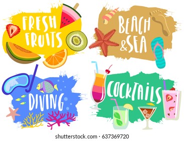 Vector set of hand drawn colorful  summer pictures with lettering. Labs, stickers, emblems with fruits, beach, diving, cocktails.