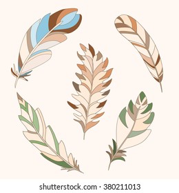 Vector set of  hand drawn colors feathers. 