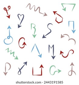 Vector Set of hand drawn coloured vector arrows Doodle style arrows on white background