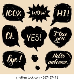 Vector set of hand drawn comic speech bubbles with phrases Hi, Hello, I love you, Yes, Wow, Bye, Welcome, 100%, Ok.