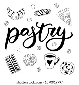 Vector set of hand drawn confectionery with elegand lettering. Cute doodles of sweets and coffee on white background.
