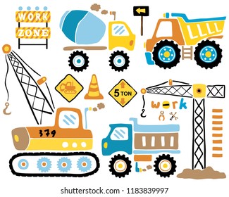 Vector set of hand drawn construction vehicles cartoon with construction elements