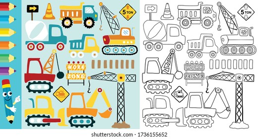 Vector set of hand drawn construction vehicles cartoon, construction elements, coloring book or page