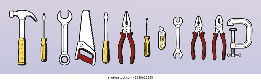 Vector set of hand drawn construction tools in sketch style on light background. Hammer, wrench, pliers, saw, screwdrivers. suitable for DIY, repair or workshop design.