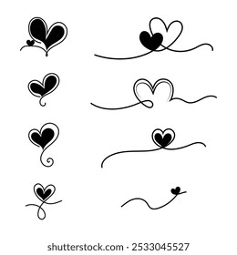 Vector set of hand drawn continuous lines with hearts.