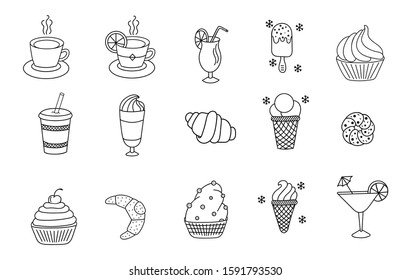 Vector set of hand drawn cookies, sweets and drinks
