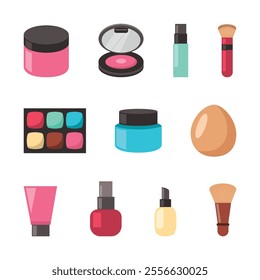 Vector Set of Hand Drawn Cosmetic Illustration. Artistic Beauty Accessories and Tools