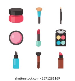 Vector Set of Hand Drawn Cosmetic Illustration. Artistic Beauty Accessories and Tools.