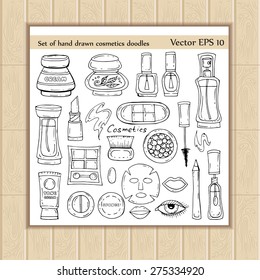 Vector set of hand drawn cosmetics doodles on white background. Sketches for use in design