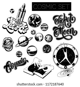 Vector set of hand drawn cosmic illustrations with rocket, planets. Collection of creative surreal tattoos. Template for card, poster, banner, print for t-shirt, pin, badge, patch.