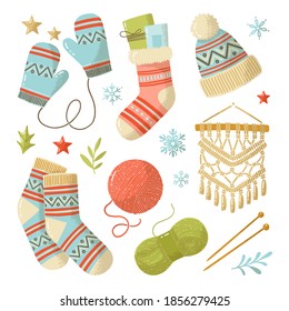 Vector set of hand drawn cozy illustrations. Knitting and needlework graphic elements for invitation and greeting cards, prints, banners or tags. Hug winter and happy holidays collection