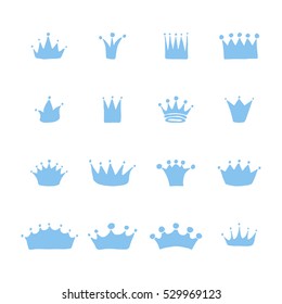 Vector set of hand drawn crowns for young prince.
King and queen crown doodle style.