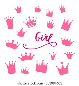 Vector Set Of Hand Drawn Crowns For Young Prince Or Princess.
A Girl Lettering.
King And Queen Crown Doodle Style.