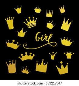 Vector set of hand drawn crowns for young princess.
Queen crown doodle style. Girl lettering.