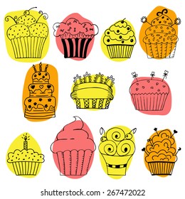 Vector set of hand drawn cupcakes on white background. Vector illustration