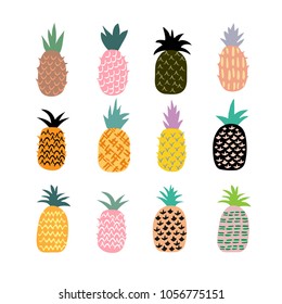 Vector set of hand drawn cute pineapples