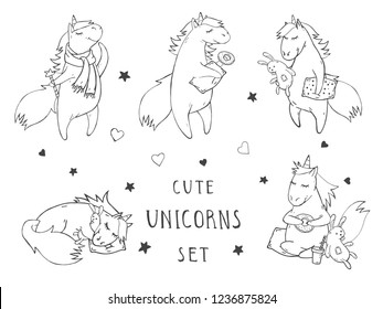 Vector set of hand drawn cute unicorns on withe background. Cartoon style. Monochrome.