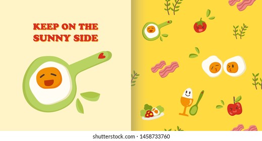 Vector set of hand drawn cute egg,breakfast poster and seamless pattern.