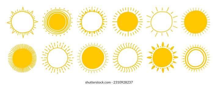 Vector set of Hand Drawn Cute Sun Icons. Different Yellow Sun Drawing Collection. Summertime figure concept. Vector Icons Set