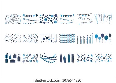 Vector set of hand drawn decorative elements for Birthday card. Garlands, balloons, gift boxes, candies, lollipops, bunting, stars, confetti, candles