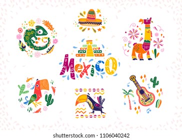 Vector set of hand drawn decorative arrangements with traditional Mexican symbols and elements - Mexico lettering, decor, sombrero, guitar, cactus, llama, parrot,  etc. isolated on white background.