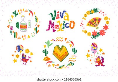 Vector set of hand drawn decorative arrangements with traditional Mexican symbols and elements - Mexico lettering, decor, tequila, poncho, cactus, fan, tacos, birds etc. isolated on white background.