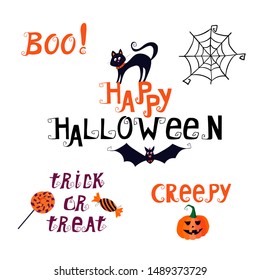 Vector set with hand drawn decorative lettering (happy halloween, creepy, boo, trick or treats) and elements (black cat, pumpkin, lollipop, bat, spider web) for party flyers, badges, cards, posters. 
