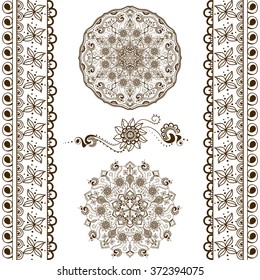 Vector set of hand drawn decorative elements in ethnic Indian style. Collection of pattern brushes inside. Mehndi ornamental borders, pattern and mandalas. Henna design theme