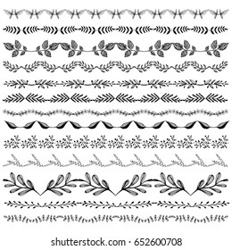 Vector set of hand drawn decorative elements for your design. The collection with the branches, flowers, and herbs with leaves, flower doodles, brushes, swirls, frames. Isolated black silhouettes.
