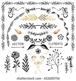Vector set of hand drawn decorative elements for your design. The collection with the branches, flowers, and herbs with leaves, flower doodles, brushes, swirls, frames. Isolated  silhouettes.