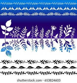 Vector set of hand drawn decorative elements for your design. The collection with the branches, flowers, and herbs with leaves, flower doodles, brushes, swirls, frames. Isolated silhouettes.