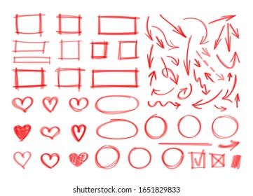 Vector set of hand drawn design elements, red marker strokes, abstract shapes, squares, circles, arrows, hearts, underline strokes isolated on white background.