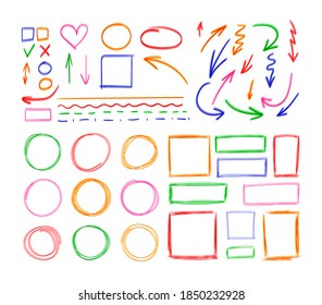 Vector Set of Hand Drawn Design Elements, Highlighter Drawings, Colorful Marker Sketches Isolated on White Backgorund, Different Colours.