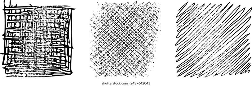 Vector set hand drawn design elements - grunge textures lines on shape in squares and patterns - frames and surfaces