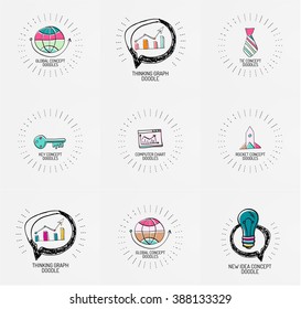 Vector set of hand drawn design elements in circles - magnifier, music note light bulb, speech bubble and other