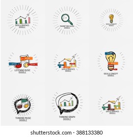 Vector set of hand drawn design elements in circles - magnifier, music note light bulb, speech bubble and other
