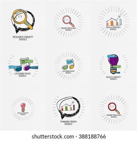 Vector set of hand drawn design elements in circles - magnifier, music note light bulb, speech bubble and other