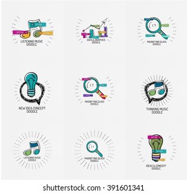 Vector set of hand drawn design elements in circles - magnifier, music note light bulb, speech bubble and other