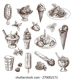 Vector set with hand drawn detailed ice cream and fruit dessert