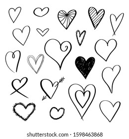 Vector set of hand drawn different hearts. Icons for your design. Happy Valentine's Day.