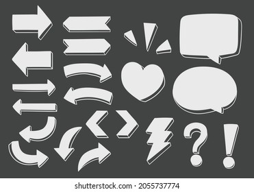 Vector set of hand drawn dimensional doodle including 
directional arrows, signs, symbols and speech bubbles.